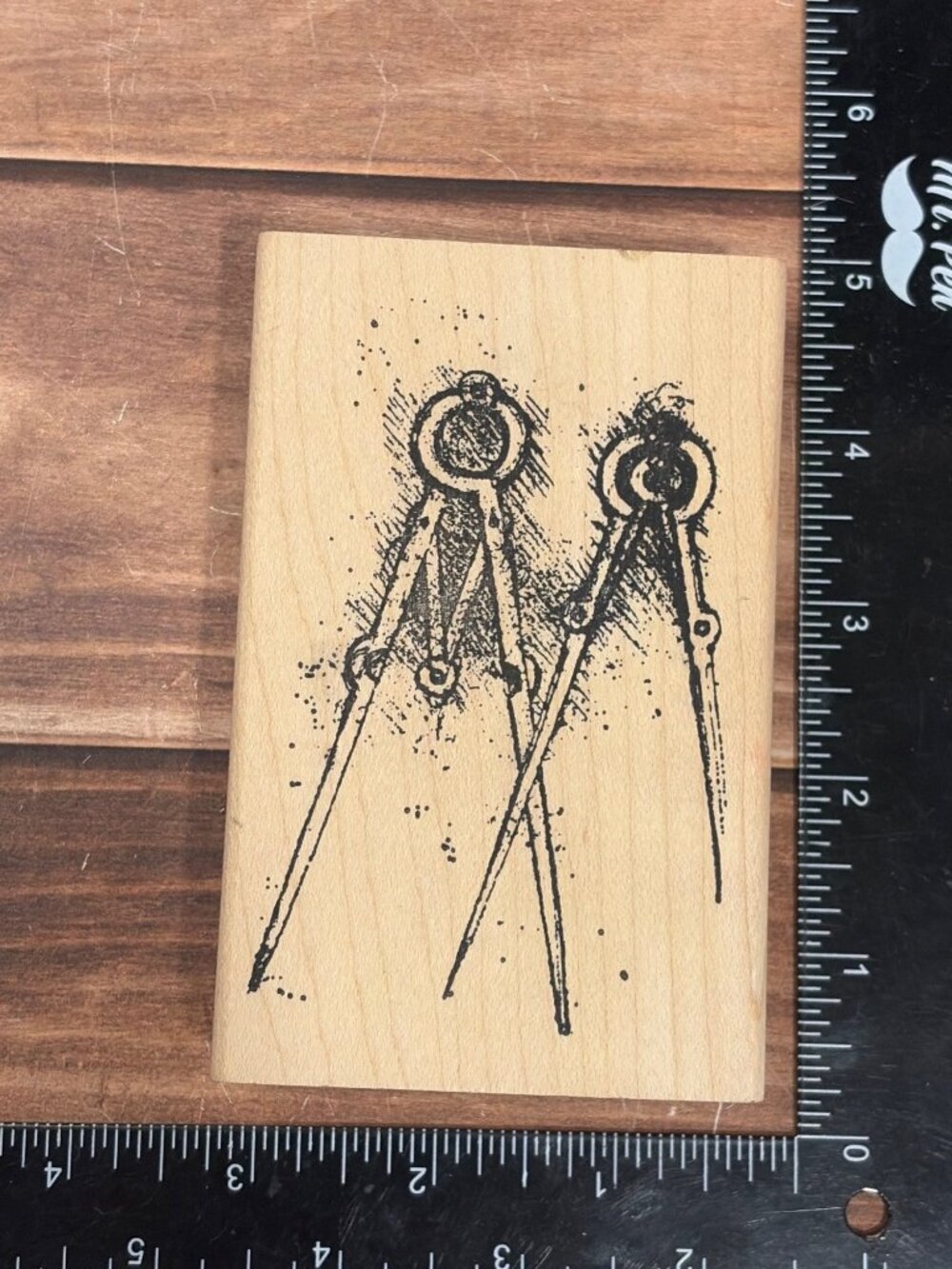 Just For Fun Vintage Drafting Compass Dividers Wood Mount Rubber Stamp Steampunk